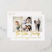 家族パーソナライズされた名4フォトコラージュ 箔シーズンポストカード (正面/裏面)