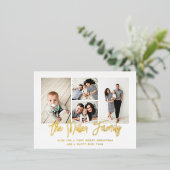 家族パーソナライズされた名4フォトコラージュ 箔シーズンポストカード (立ち正面)