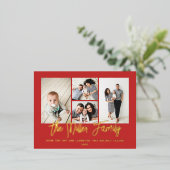 家族パーソナライズされた名4フォトコラージュ 箔シーズンポストカード (立ち正面)