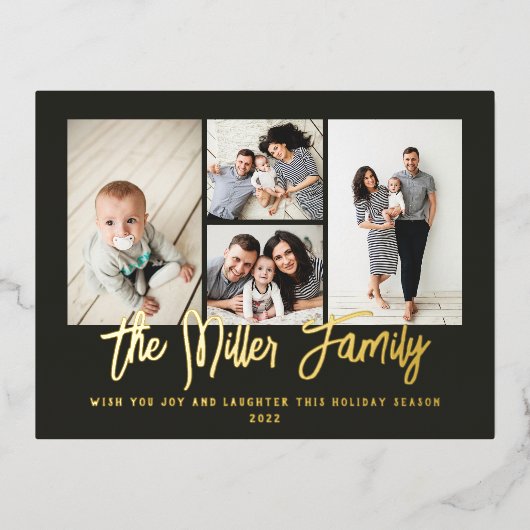 家族パーソナライズされた名4フォトコラージュ 箔シーズンポストカード (正面)