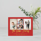 家族パーソナライズされた名4フォトコラージュ 箔シーズンポストカード (立ち正面)