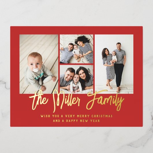 家族パーソナライズされた名4フォトコラージュ 箔シーズンポストカード (正面)