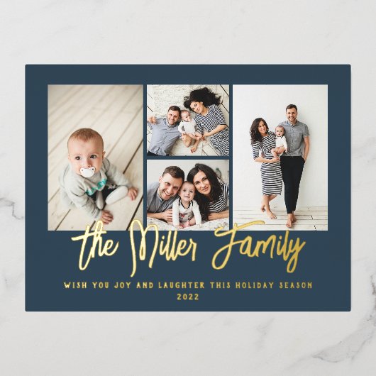 家族パーソナライズされた名4フォトコラージュ 箔シーズンポストカード (正面)