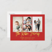 家族パーソナライズされた名4フォトコラージュ 箔シーズンポストカード (正面/裏面)