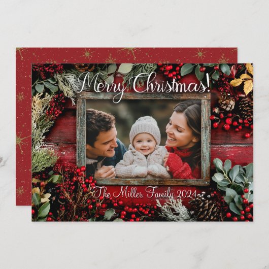家族パーソナライズされた素朴のクリスマスフォトカード シーズンカード (正面/裏面)