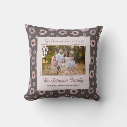 家族パーソナライズされた1枚の写真フローラモダン名 クッション (正面)