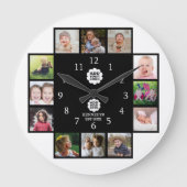 家族パーソナライズされた12フォトコラージュ黒2ロゴ ラージ壁時計 (正面)