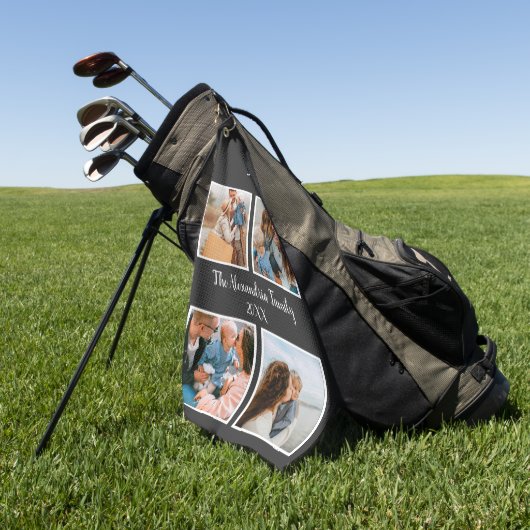 家族パーソナライズされた4枚の写真コラージュテンプレート ゴルフタオル (グリーン)