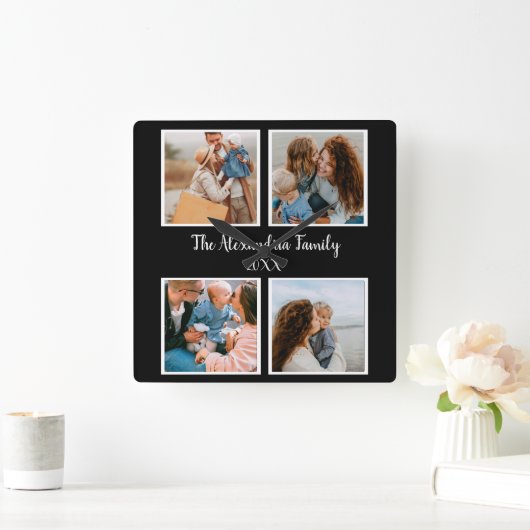 家族パーソナライズされた4枚の写真コラージュテンプレート スクエア壁時計 (ホーム)