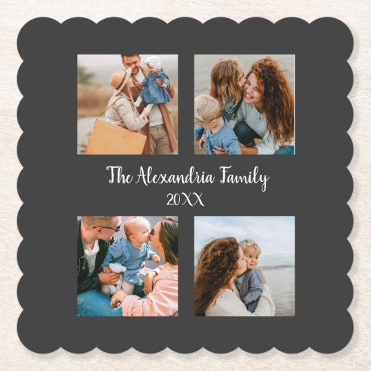 家族パーソナライズされた4枚の写真コラージュテンプレート ペーパーコースター