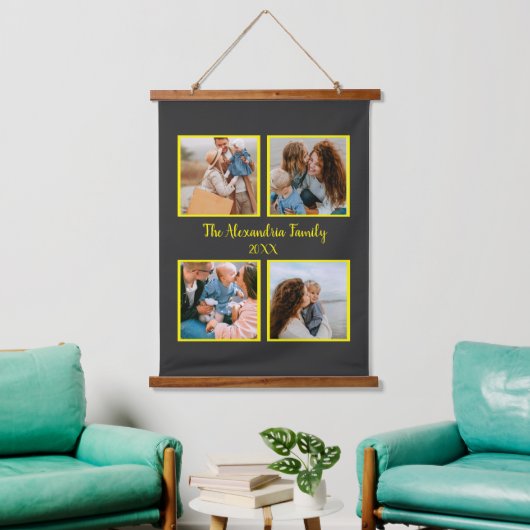 家族パーソナライズされた4枚の写真コラージュテンプレート 吊り下げ型タペストリー (リビング)