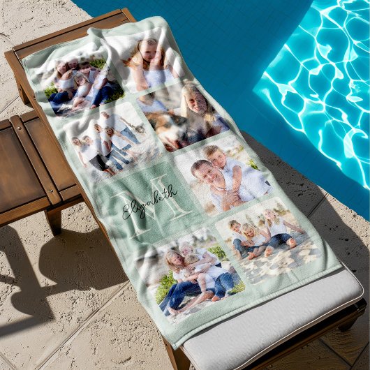 家族パーソナライズされた7写真コラージュ – Monogram ビーチタオル