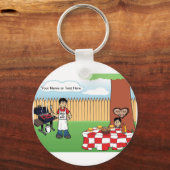 家族パーソナライズされたBBQ、独身のパパ、1男の子の漫画 キーホルダー (正面)