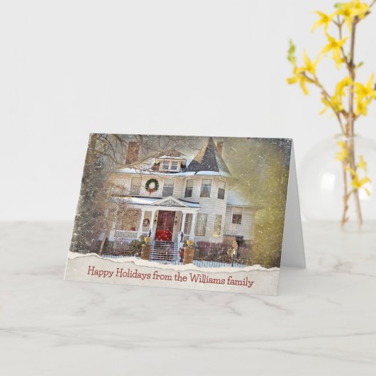 家族ビクトリアン名付きクリスマスハウス カード (黄色い花)