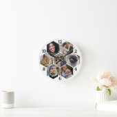 家族フォトコラージュ7カスタムつ白い六角形の花 ラウンド壁時計 (ホーム)