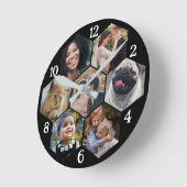 家族フォトコラージュ7カスタム枚ブラックヘキサゴン花 ラウンド壁時計 (傾斜)