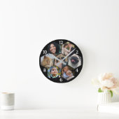 家族フォトコラージュ7カスタム枚ブラックヘキサゴン花 ラウンド壁時計 (ホーム)