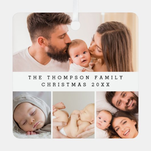 家族ミニマル写真コラージュのクリスマスカスタム メタルオーナメント (正面)