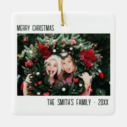 家族ミニマル写真ポートレートクリスマス セラミックオーナメント (正面)