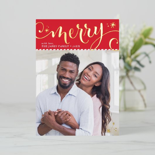 家族メリー写真おもしろいお洒落書道レッド 箔シーズンカード (立ち正面)