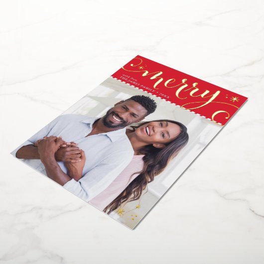 家族メリー写真おもしろいお洒落書道レッド 箔シーズンカード (回転した状態)