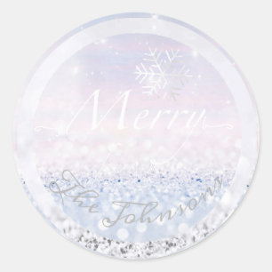 家族メリー名から雪の結晶ブルーグリッター ラウンドシール
