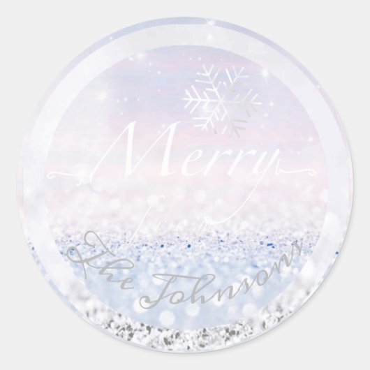 家族メリー名から雪の結晶ブルーグリッター ラウンドシール (正面)