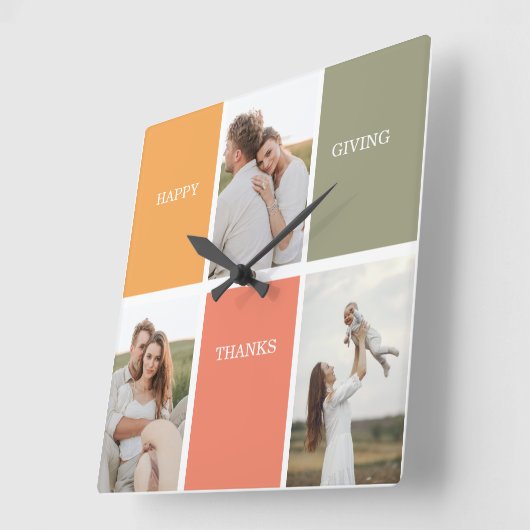 家族モダンのコラージュ写真がハッピー感謝祭  スクエア壁時計 (傾斜)