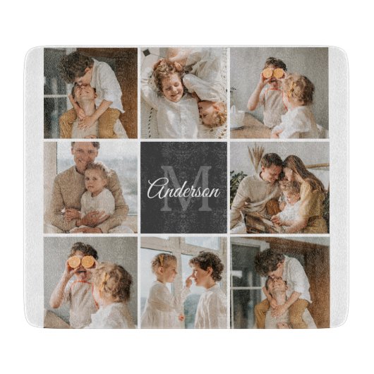 家族モダンのコラージュ写真とギフトパーソナライズされた カッティングボード (正面)