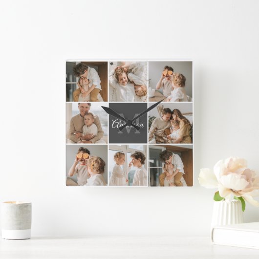 家族モダンのコラージュ写真とギフトパーソナライズされた スクエア壁時計 (ホーム)