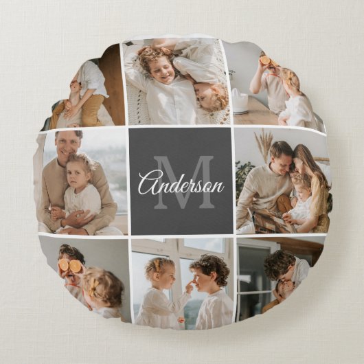 家族モダンのコラージュ写真とギフトパーソナライズされた ラウンドクッション (正面)