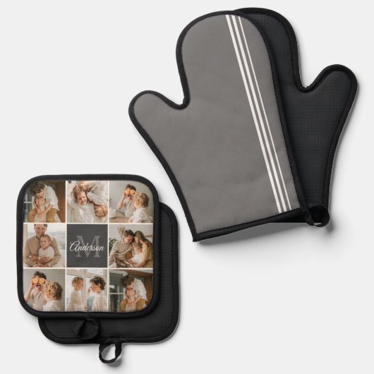 家族モダンのコラージュ写真とギフトパーソナライズされた 鍋つかみ&鍋敷きセット (正面/裏面)