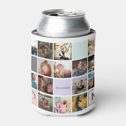 家族モダンのモノグラム16フォトコラージンググリッド 缶クーラー (缶正面)