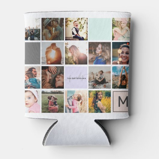 家族モダンのモノグラム16フォトコラージンググリッド 缶クーラー (正面)