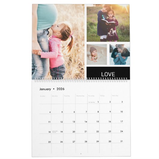 家族モダンのモノグラム26フォトコラージンググリッド カレンダー (1月 2026)
