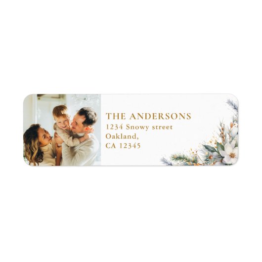 家族モダンの写真と松の木のクリスマス ラベル (正面)