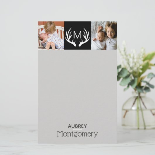 家族モダンの写真と〔雄ジカの〕枝角 |パーソナライズされた | 便箋 (スタンド正面)