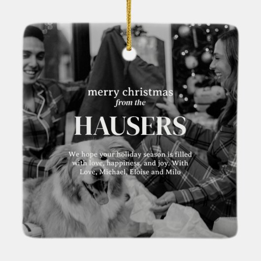 家族モダンはっきりした写真かわいいスタンプのホリデーカード セラミックオーナメント (裏面)
