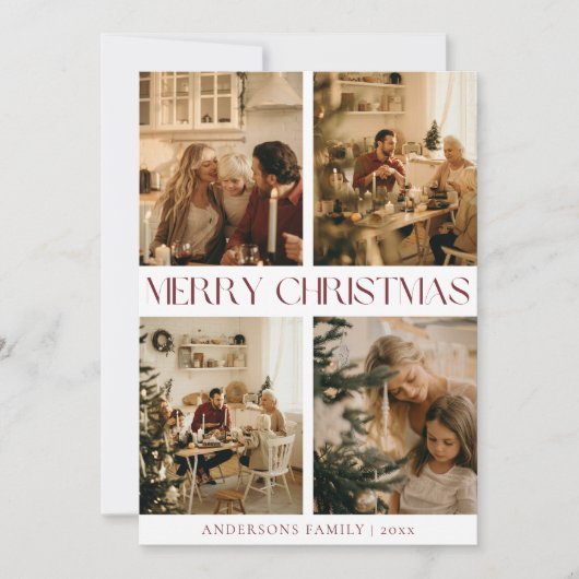 家族モダンエレガント写真の赤いミニマルクリスマス シーズンカード (正面)