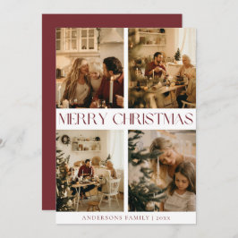 家族モダンエレガント写真の赤いミニマルクリスマス シーズンカード