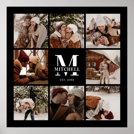 家族モダンエレガント写真コラージュ黒形記念 ポスター (正面)