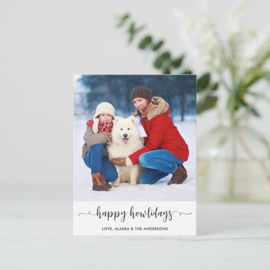 家族モダンカスタム犬の写真ハッピーハウデイ シーズンポストカード (スタンド正面)