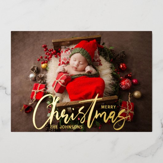 家族モダンクリスマスの休日の写真 箔シーズンカード (正面)