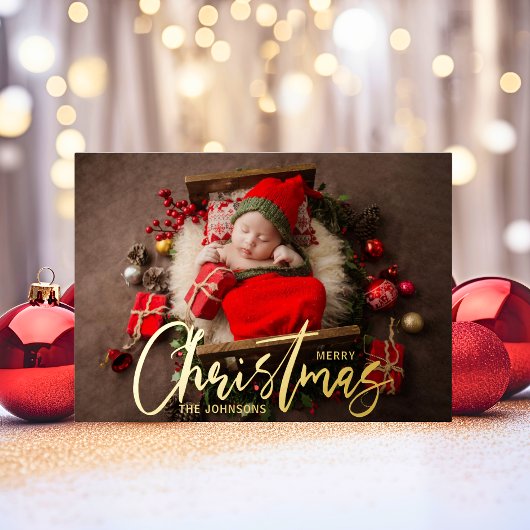 家族モダンクリスマスの休日の写真 箔シーズンカード