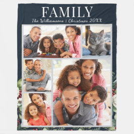 家族モダンクリスマス写真コラージュ海軍ブルー フリースブランケット