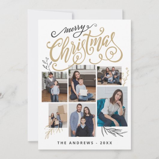 家族モダンコラージュ写真クリスマスタイポグラフィ シーズンカード (正面)