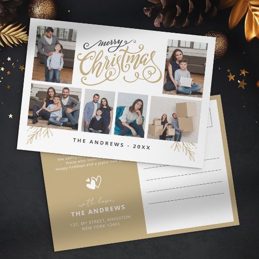 家族モダンコラージュ写真クリスマスタイポグラフィ シーズンポストカード