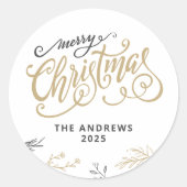 家族モダンコラージュ写真クリスマスタイポグラフィ ラウンドシール (正面)