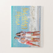 家族モダンフォトブルー海ビーチホリデーカード ジグソーパズル (縦)