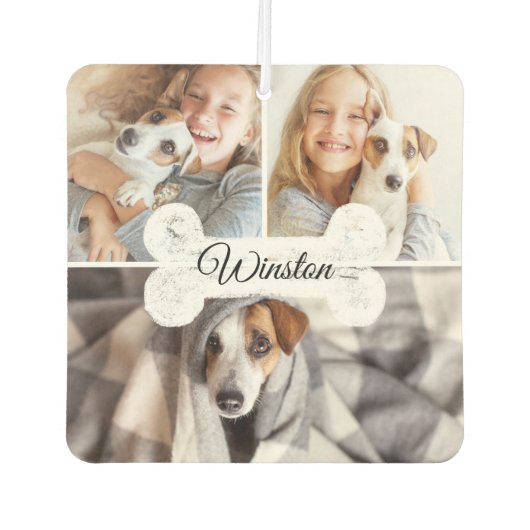 家族モダンペット3フォトコラージドッグボーン&名前 カーエアーフレッシュナー (正面)